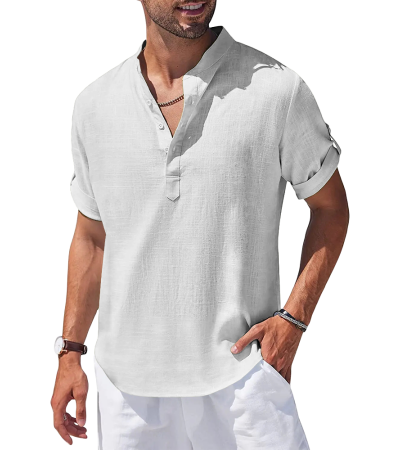 男竹节麻半门襟4粒扣立领短袖衬衫-LTMJ100617 - 竹节麻-120g/S