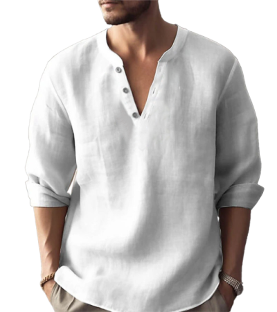 男竹节麻半开襟V领长袖衬衫-LTM100762 - 竹节麻-120g/S