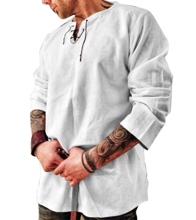 男竹节麻小V抽绳圆领长袖衬衫LTM100747 - 竹节麻-120g/S