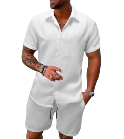 男华夫格翻领短袖衬衫短裤套装-LTMC10046 - 华夫格-210g/S