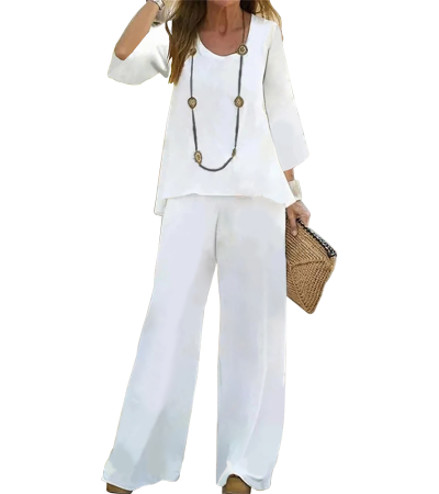 女仿麻U领8分袖长裤套装LTW20515 - 竹节麻-120g/S