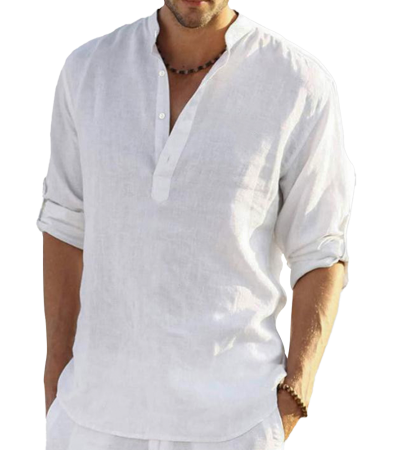 男竹节麻半开襟立领长袖可调节衬衫-LTM100570S - 竹节麻-120g/S